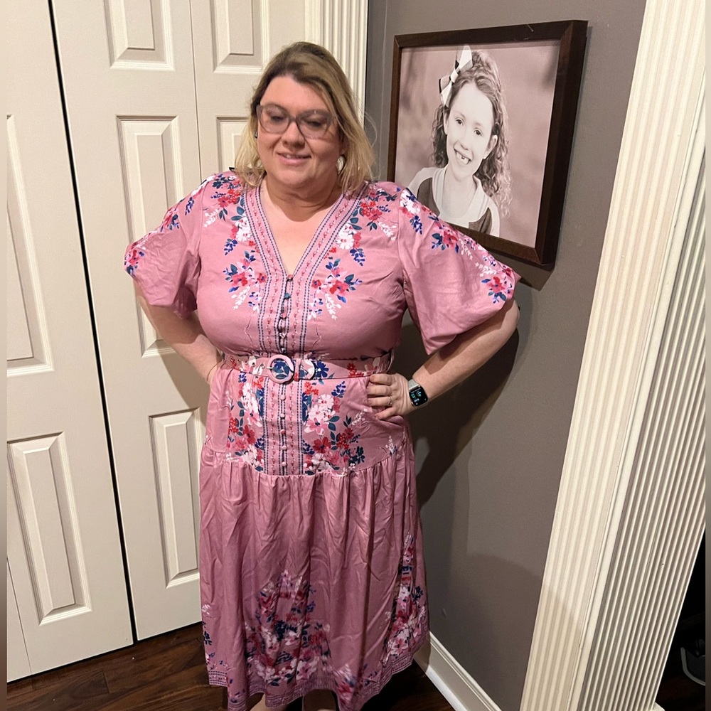 Pink V-neckline Belted Waist Puff Sleeves Button Detail By City Chic, size 20
